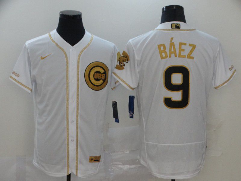 Men Chicago Cubs #9 Baez White Retro gold character Nike MLB Jerseys->los angeles dodgers->MLB Jersey